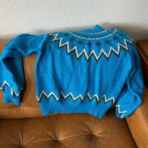 Blue and White Crew Neck Sweater with Nordic Pattern